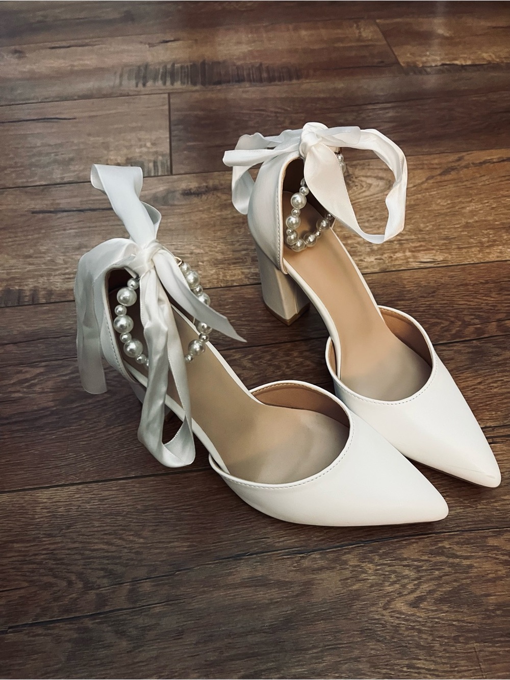 SHEIN White Pointed Pearl Ankle-Tie Block Heels